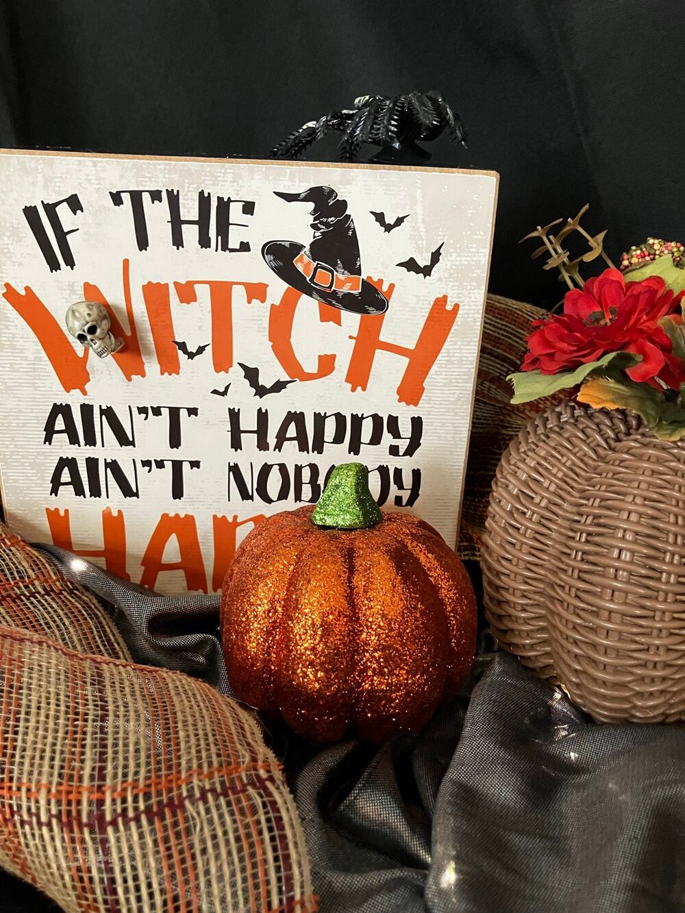 Halloween Tabletop Centerpiece Witch Sign Pumpkins Spider Lighted Upcycled Decor